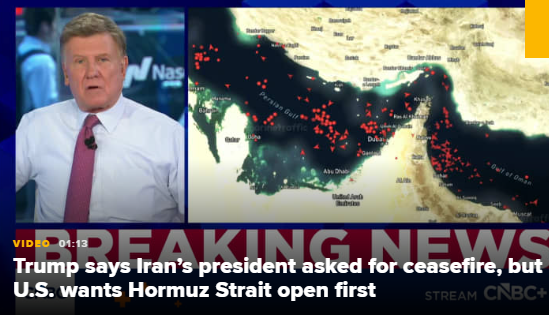 特朗普称伊朗总统已请求停火，但美方要求先开放霍尔木兹海峡