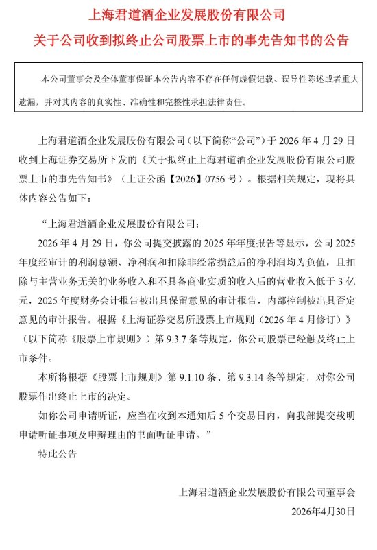 原上海贵酒母公司“ST岩石”将退市